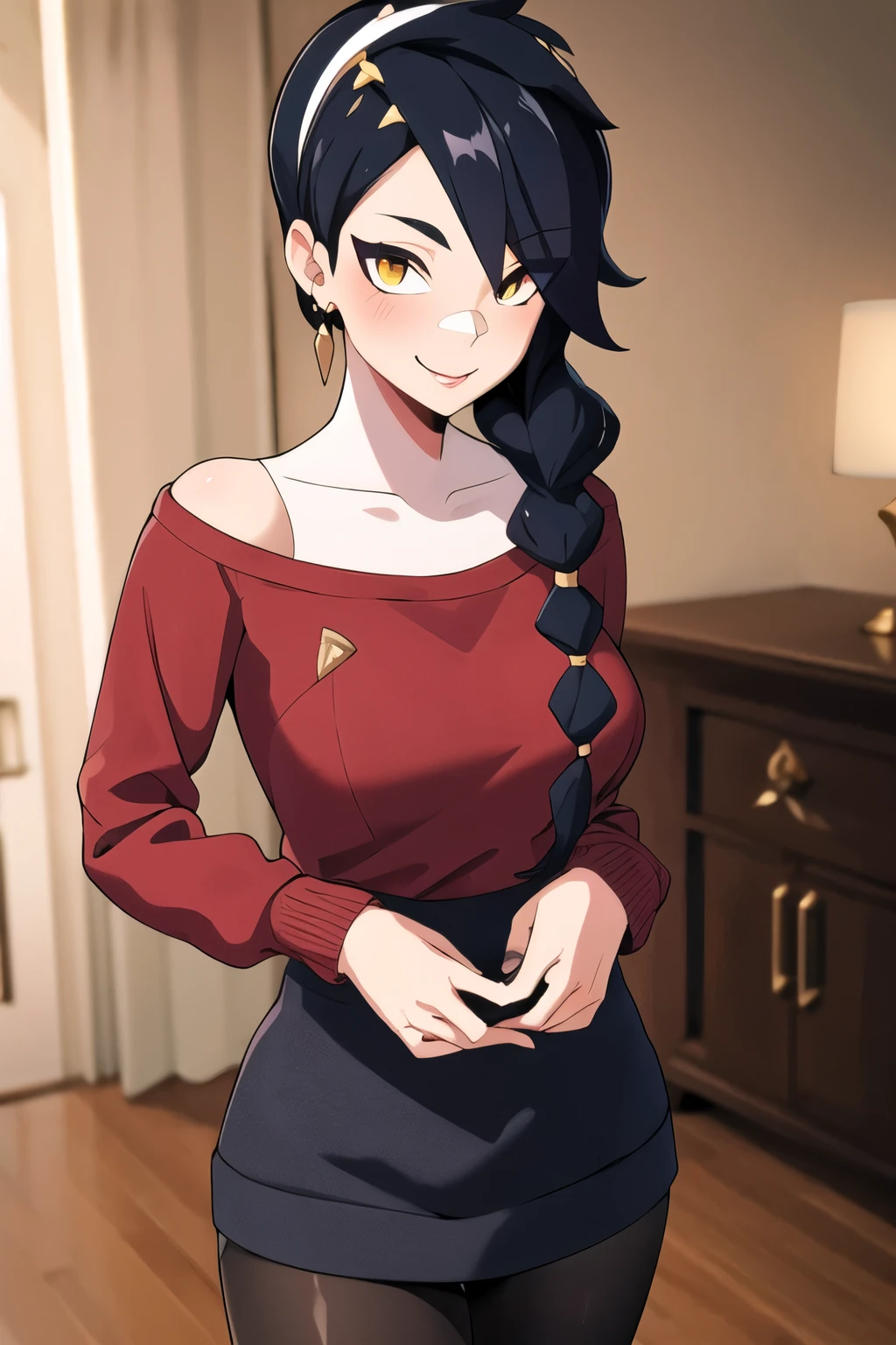 (masterpiece), (best quality), (beautiful eyes and face), (perfect female body), (shiny skin),
looking at viewer, cowboy shot,
1girl, solo, long braids, black spiked hair, long messy hair, glowing yellow eyes, cat woman,
Cute breasts,
white hairband, gold earrings, jewelry, sweater dress, red sweater, off shoulder, long sleeves, black pantyhose,
smile,
standing,
living room,