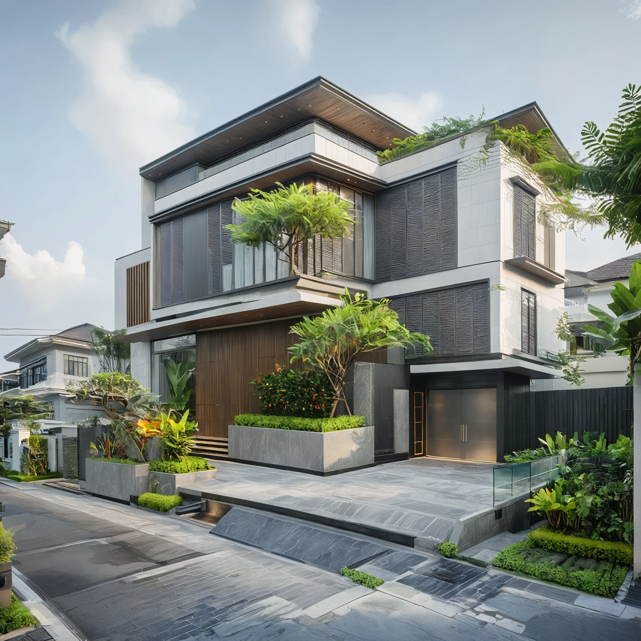 modern townhouse on street, (daylight), tropical tree, vivid color, streetcapes, nice sky, grey tone, large glass door, warm interior lighting, modern material, best quality, ultra realistic, masterpiece,