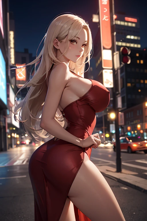 masterpiece, best quality, shadows, dynamic angle, front view, perfect hands, perfect legs, perfect anatomy, pretty face, mature features, 1 girl, 21 years old, mature woman, sexy red dress, city night background, white long hair, thighs, ass, breast, seductive, spicy, posing, cinematography lights,
