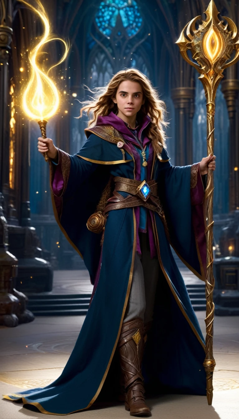 Create an image of Hermione Granger as a powerful mage in the World of Warcraft universe. She should have her iconic bushy brown hair and intelligent expression, but dressed in ornate mage robes with intricate, glowing runes, a high collar, shoulder armor, and an enchanted cloak with an Alliance emblem. Her wand should resemble a mage’s staff with a crystal at the top, glowing with arcane energy. Place her in a mystical library or an ancient, enchanted city from World of Warcraft, with magical elements like floating runes, ethereal light, and fantastical creatures in the background. Hermione should be in a dynamic pose, casting a spell or holding her staff aloft with magical energy swirling around her.