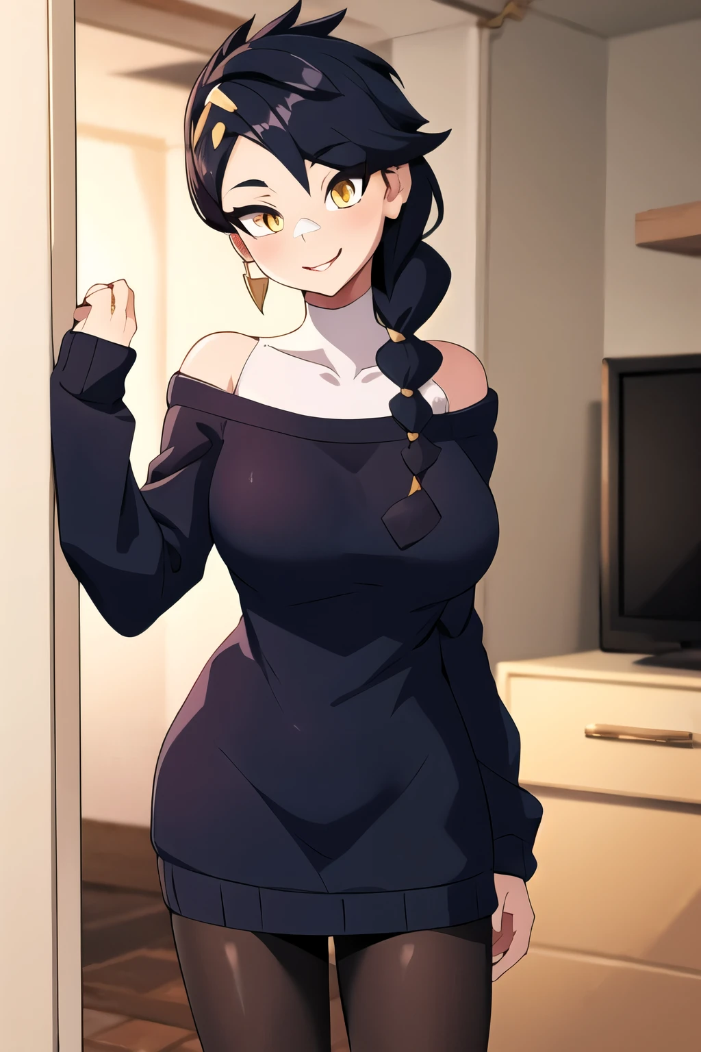 (masterpiece), (best quality), (beautiful eyes and face), (perfect female body), (shiny skin),
looking at viewer, cowboy shot,
1girl, solo, long braids, black hair, long hair, glowing yellow eyes, cat woman,
Cute breasts,
white hairband, gold earrings, jewelry, sweater dress, red sweater, off shoulder, long sleeves, black pantyhose,
smile,
standing,
living room,