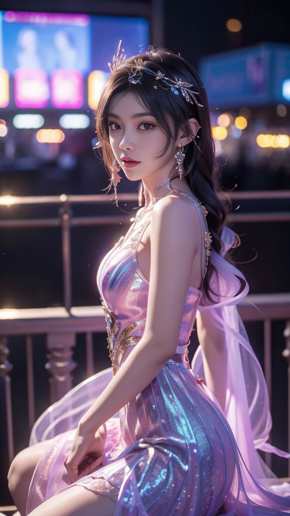 8K, UHD, MAsterpiece, best quality, 1 girl, (realistic face), happy pace, very long hair, small breasts, decorated dress, very beautiful ornaments dress, gradient color, ((lace)), mesh dress, sardine, loops, legendary night balcony, depth of field, cinematic lighting, chromatic aberration, motion blur, glowing light, god rays, ray tracing, reflection light, backlighting, knee short,