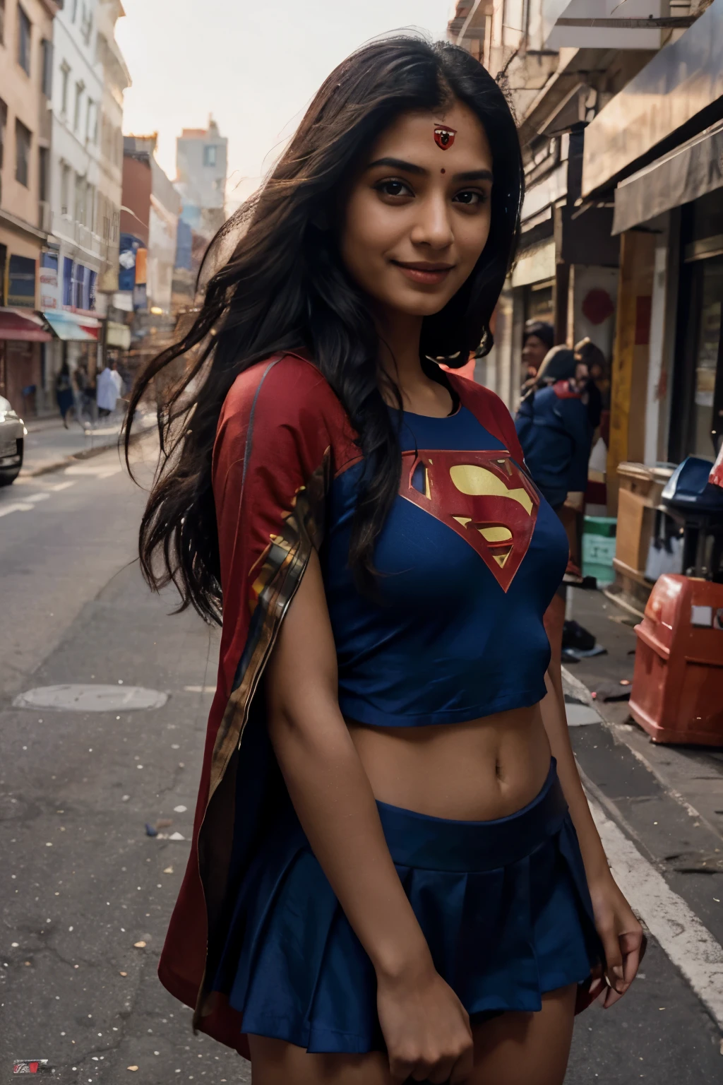 Indian girl as Super girl on the city street, cinematic light, beautiful woman, skinny, medium breasts, black long hair, detailed face, smile, facing the camera, photo taken from a distance, She wears SuperMan suit, blue an red color scheme, and Superman logo S on chest, short skirt, red cape floating in air