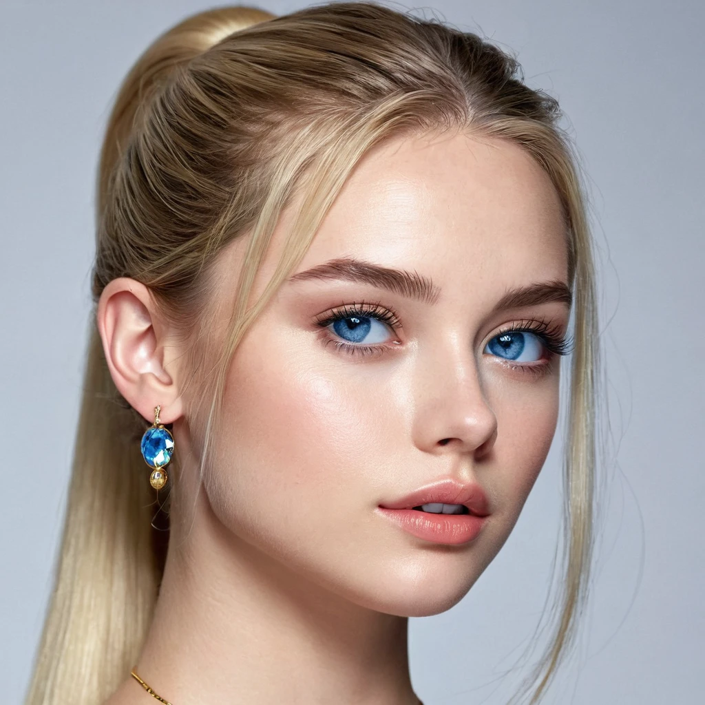 1girl, , long Hair, blonde Hair, Earrings, Parted Lips, Makeup, blue eyes, Realism, Anatomically Correct, High Resolution, trendy and classic fashion, Shiny Hair, small face, youthful, ponytail