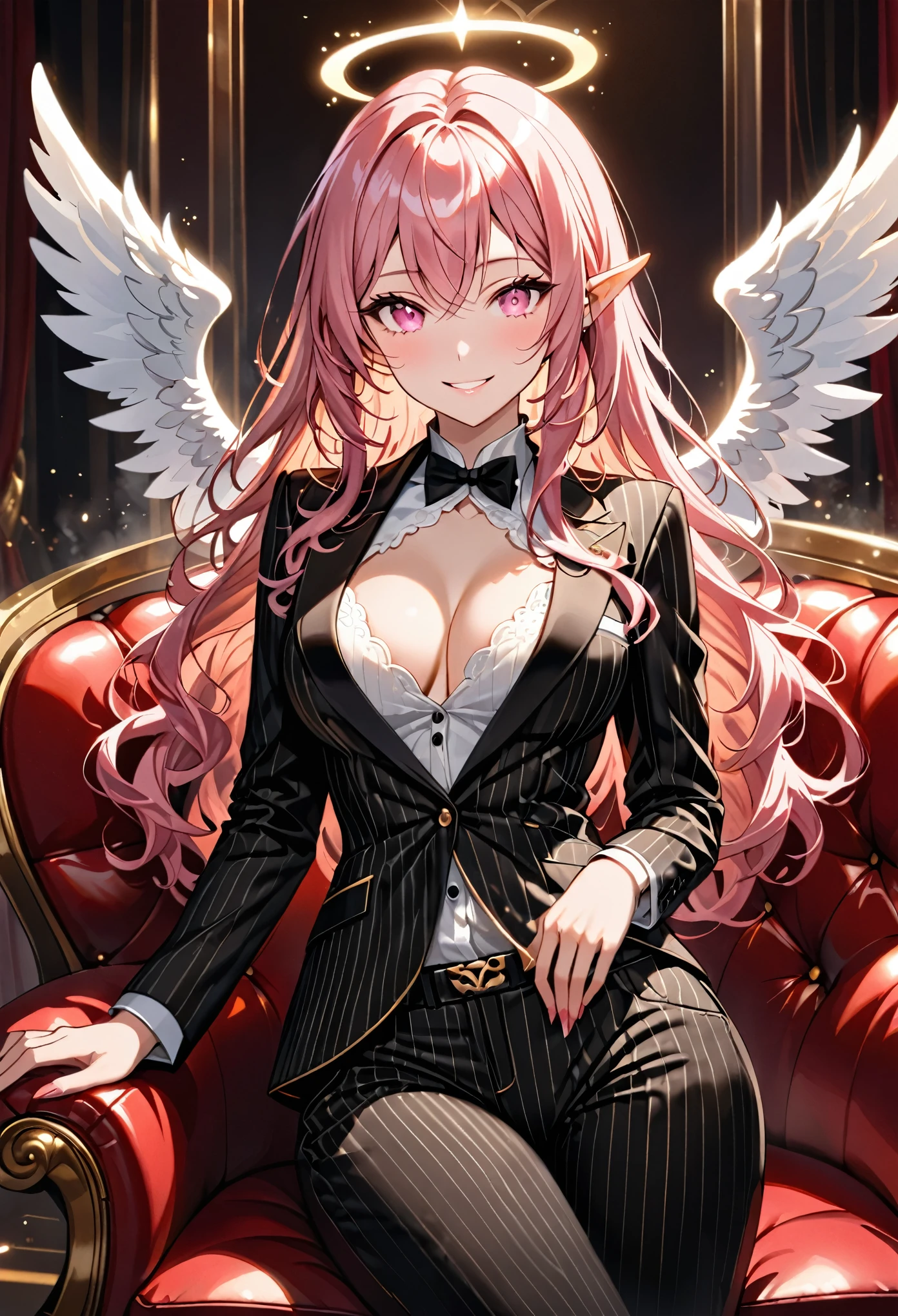 solo, very tall female, short pink hair, wavy hair, short pointed ears, glowing pink eyes, medium breasts, tall, black pinstripe male business suit, white shirt with top buttons undone, white wings, pinstripe suit, pinstripe pants, friendly smile, luxurious, red leather sofa chair, velvet, curvaceous, warm, close up, fur collar jacket:1.4, smoky atmosphere, glowing golden halo, angel girl, cleavage
