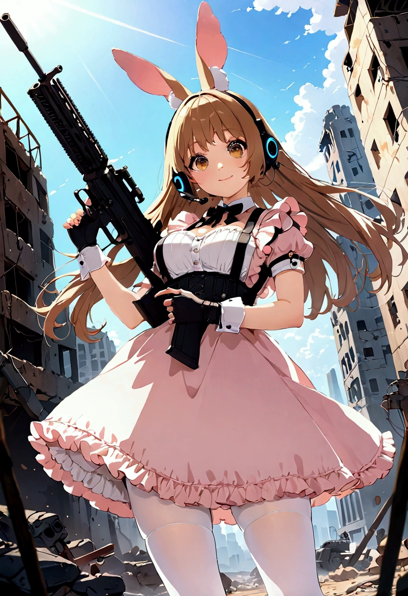 ((1girl)), super fine illustration, vibrant colors, absurdres extremely detailed CG, 8k wallpaper, (masterpiece:1.3), dynamic angle, dynamic pose,
best quality, depth of field, cinematic lighting, ultra detailed, brown long hair, very straight hair, large breast, white knit dress , 20yo, cute, very baby face, brown eyes, kawaii, tender smile, droopy eyes, combat, sci-fi rabbit ear mechanical headset, padded combat glove, pink maid uniform, white thighhighs pantyhose, aiming rifle, modern military heavy machine gun:1.4, ruin city, Post-apocalypse