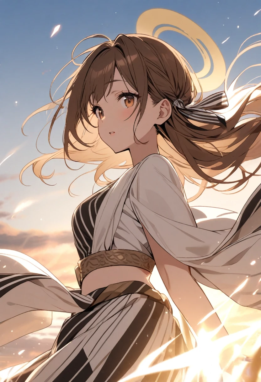 goddess(brown half-up hair, black and white stripe sari, hair-ribbon, brown halo)