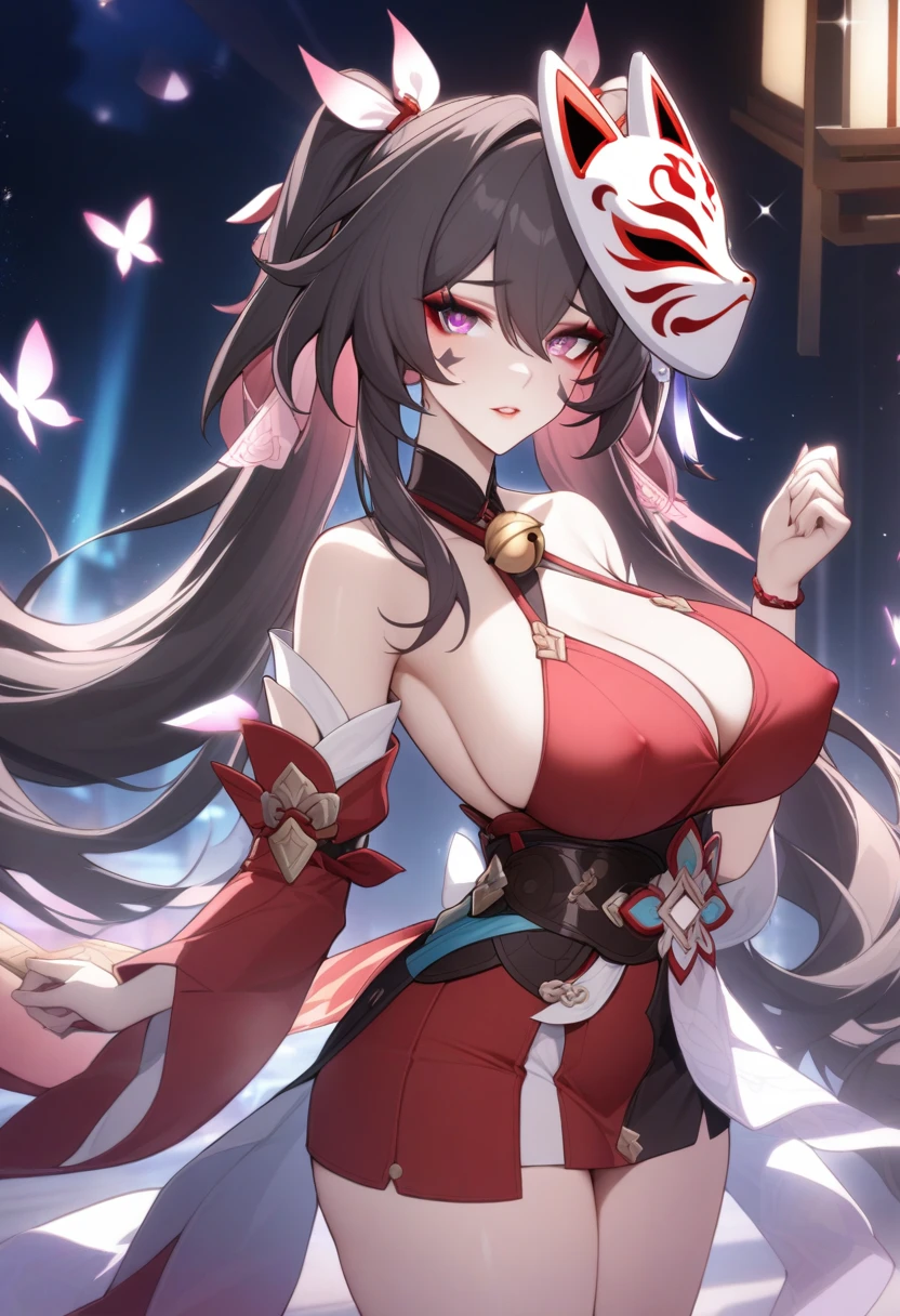 masterpiece, best quality, very aesthetic, absurdres, 1girl, mature_lady,red_shirt,covered_nipples,,sparkle_(honkai:_star_rail), honkai:_star_rail, honkai_(series), 1girl, black_hair, pink_eyes, eyeshadow, facial_mark, makeup, twintails, very_long_hair, jingle_bell, neck_bell,halterneck, fox_mask, mask_on_head,,luminous butterflies, fluttering butterflies,