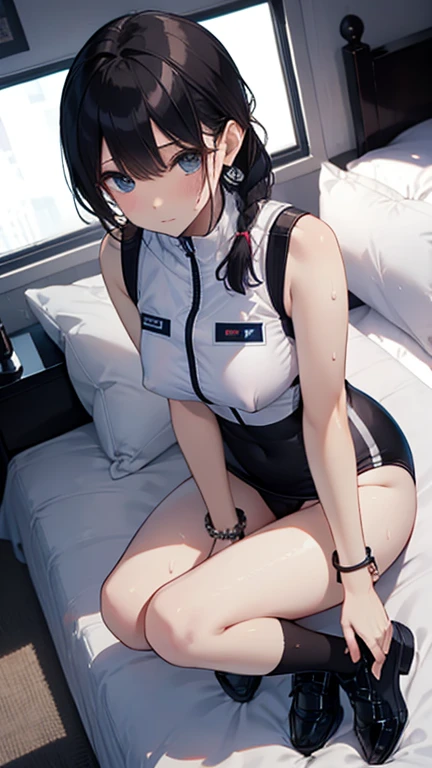(Highest quality), (masterpiece), 1080P, High resolution, 4K, 8k, Thigh straps, Shooting from directly below, The woman on top of me, Nipples, 白いSweat, Covered , Sweat, Woman looking down, Micro Bikini, Skirt swimsuit, Thigh-high socks, To achieve this, , Small breasts, whole body, Black leather shoes, Braided hair, Inner Color, Embarrassed face, Short black hair, bracelet, Bedroom,celestial body_Vest