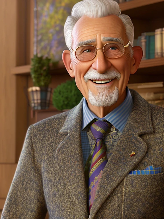 Pixarstyle A waist-high portrait of an elderly man with college professor clothes, smile, natural skin texture, 4K textures, HDR, intricate, highly detailed, sharp focus, cinematic look, hyper-detailed