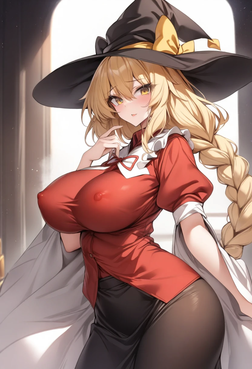 masterpiece, best quality, very aesthetic, absurdres, 1girl, mature_lady,red_shirt,covered_nipples,,touhou, kirisame_marisa, blonde_hair, eyelashes, hair_between_eyes, hair_bow, long_hair, sidelocks, single_braid, very_long_hair, yellow_eyes, black_hat, hat, hat_bow, witch_hat,,floating_hair,