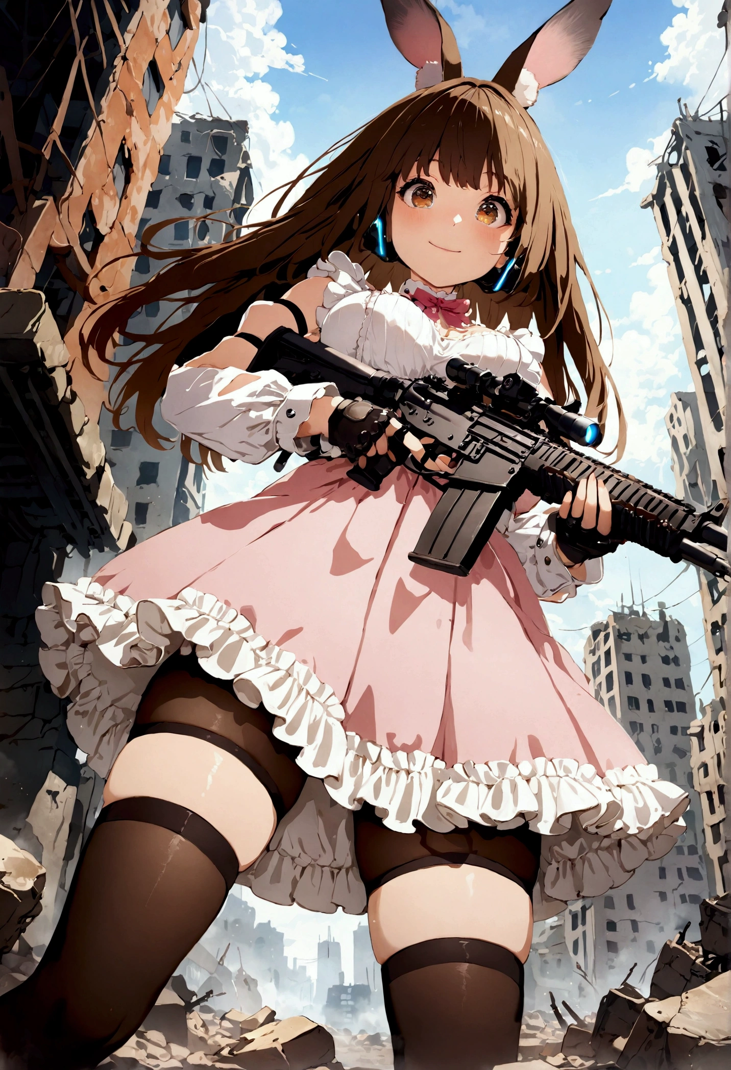 ((1girl)), super fine illustration, vibrant colors, absurdres extremely detailed CG, 8k wallpaper, (masterpiece:1.3), dynamic angle, dynamic pose,
best quality, depth of field, cinematic lighting, ultra detailed, brown long hair, very straight hair, large breast, white knit dress , 20yo, cute, very baby face, brown eyes, kawaii, tender smile, droopy eyes, combat, sci-fi rabbit ear mechanical headset, padded combat glove, pink maid uniform, white thighhighs pantyhose, aiming rifle, modern military heavy machine gun:1.4, ruin city, Post-apocalypse