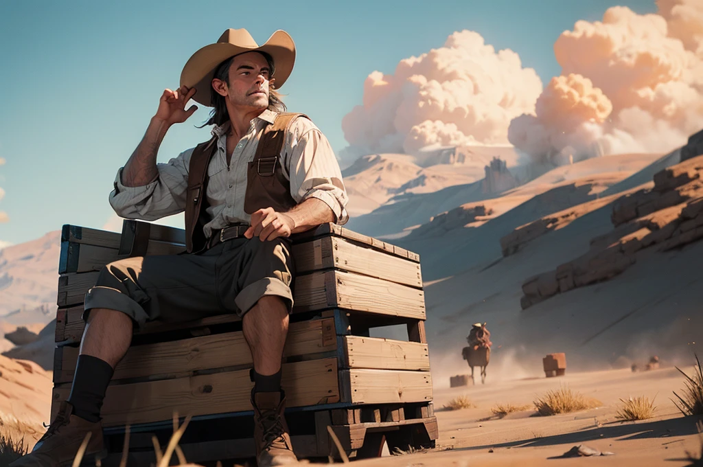 cowboy siting on a box of dynamite, max detail, 8K