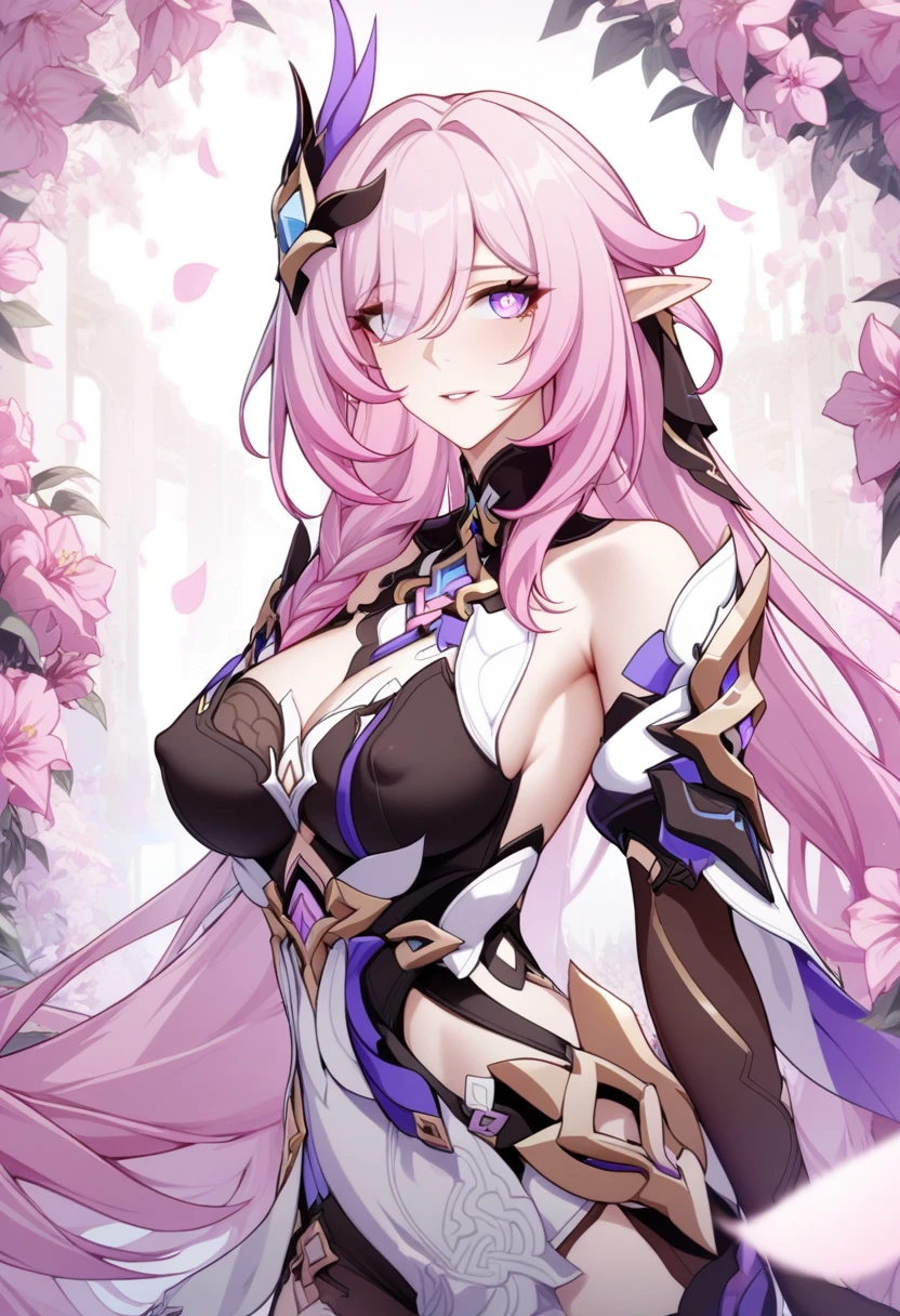 masterpiece, best quality, very aesthetic, absurdres, 1girl, mature_lady,red_shirt,covered_nipples,,elysia_(honkai_impact), honkai_(series), honkai_impact_3rd, elysia_(herrscher_of_human:ego)_(honkai_impact), 1girl, elbow_gloves, elf, hair_between_eyes, hair_ornament, multicolored_hair, pink_hair, pink_pupils, pointy_ears, purple_eyes, two-tone_hair,,surrounding by flowers,falling_petals, petals,,