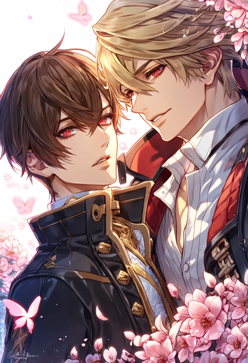 absurdres, highres, ultra detailed, HDR, master piece, best quality, extremely detailed face, delicated features, Julius Visconti, ash-blonde messy hair, short hair, hair that has bangs hanging on the left side, hair between the eyes, God Eater 2, Vincent Rain, brown hair, expressive red eyes, two sexy men together, gay couple, yaoi, handsome, a black collar with gold buckle, black coat, with gold accents, white shirt, water, blossoms, pink flowers, pink butterflies, fantasy, magic, radiant