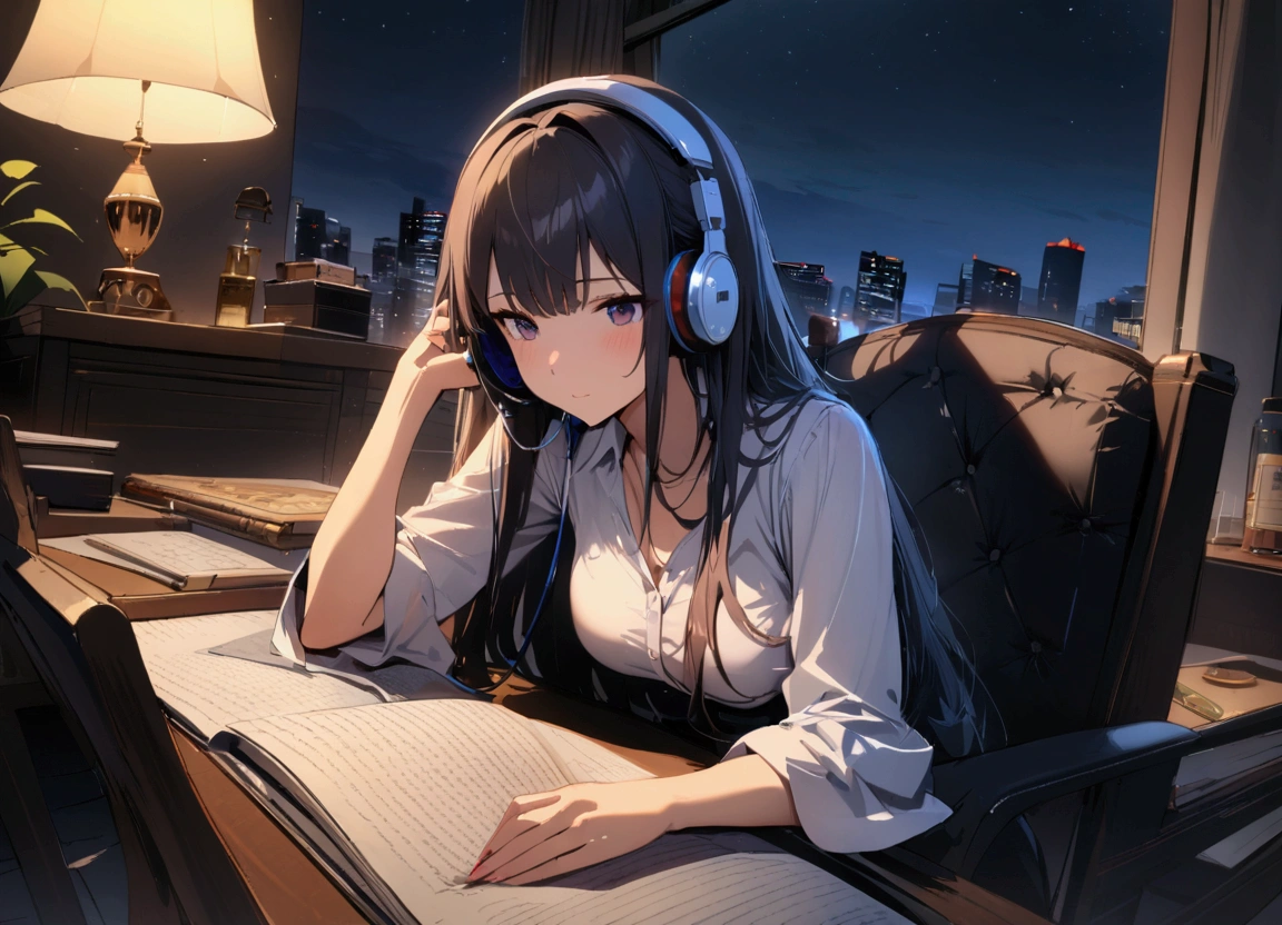 Highest quality,masterpiece,,high resolution,4K,Atmospheric,Detailed Description,Girls to study,night,Private room,headphone