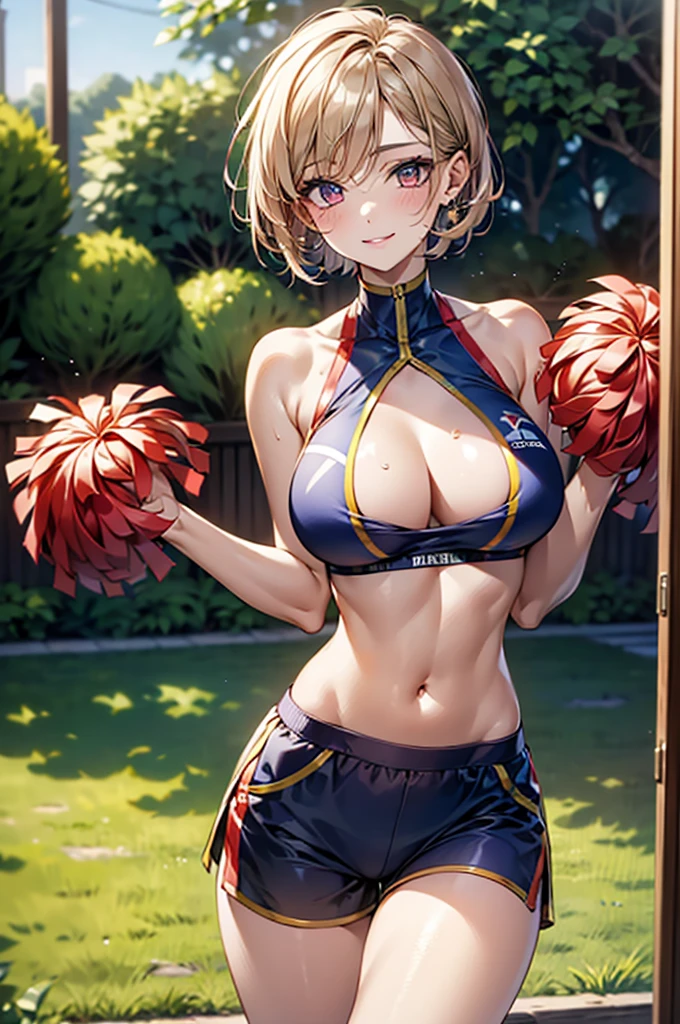 Masterpiece,Highest quality,8k,Ultra-high resolution,appropriate margins,lighting,BREAK,1 person,Very beautiful adult woman with Japan,Slim body,Very ample large breasts,Deep cleavage,Moisturized Skin,BREAK,short hair,mascara,Eyeliner,Light pink lip,Thin teak,Thick upper eyelashes,Thin eyebrows,BREAK,Light purple eyes,BREAK,Underboob,Shy smile,BREAK,(Shorts),((Cheerleader Outfits))