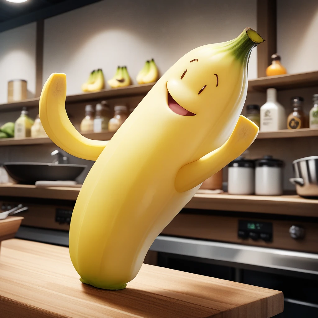 Highest quality、masterpiece、Realistic banana character、laughing、The background is a cutting board
