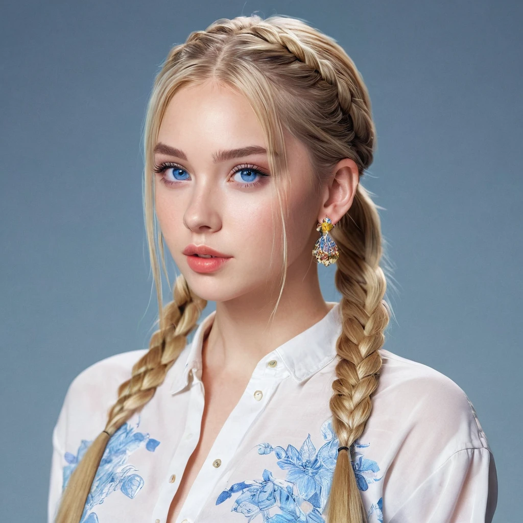 1girl, , long Hair, blonde Hair, Earrings, Parted Lips, Makeup, blue eyes, Realism, Anatomically Correct, High Resolution, trendy and classic fashion, Shiny Hair, small face, youthful, ponytail, braid, full body perspective, trendy clothes
