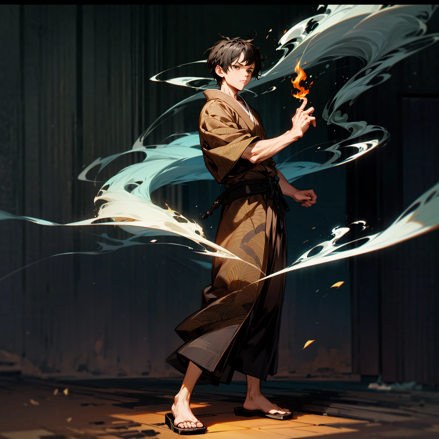 Solo, boy, full body version, Grassroots, ultra detailed, motion blur, brown eyes, black hair, short haircut, ancient Japanese traditional clothing style, Sandals, full background indoor room town, (one piece style art), standing gesture, smoke fire on hand, smoke fire in hand, Face focuses on hands 