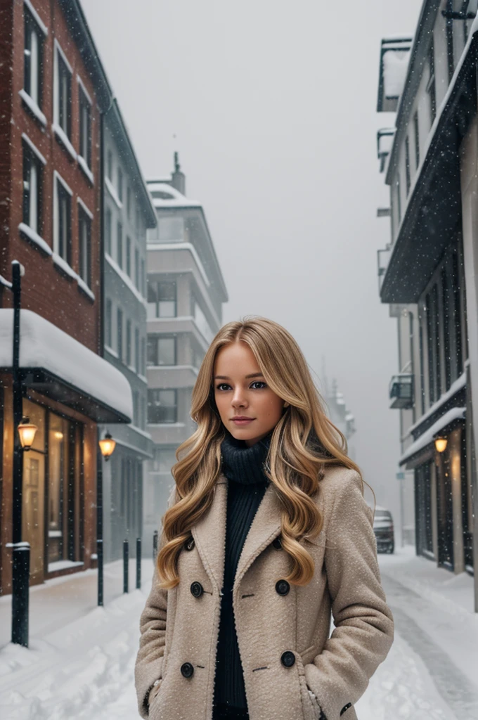 professional portrait photograph of a gorgeous Norwegian girl in winter clothing with long wavy blonde hair, sultry flirty look, gorgeous symmetrical face, cute natural makeup, wearing elegant warm winter fashion clothing, ((standing outside in snowy city street)), stunning modern urban environment, ultra realistic, concept art, elegant, highly detailed, intricate, sharp focus, depth of field, f/1. 8, 85mm, medium shot, mid shot, (((professionally color graded))), bright soft diffused light, (volumetric fog), trending on instagram, hdr 4k, 8k