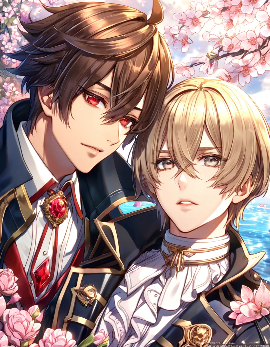 absurdres, highres, ultra detailed, HDR, master piece, best quality, extremely detailed face, delicated features, Julius Visconti, ash-blonde messy hair, short hair, hair that has bangs hanging on the left side, hair between the eyes, expressive gray eyes, God Eater 2, Vincent Rain, brown hair, expressive red eyes, two  men together, gay couple, yaoi, handsome, a black collar with gold buckle, black coat, with gold accents, white shirt, water, blossoms, pink flowers, pink butterflies, fantasy, magic, radiant