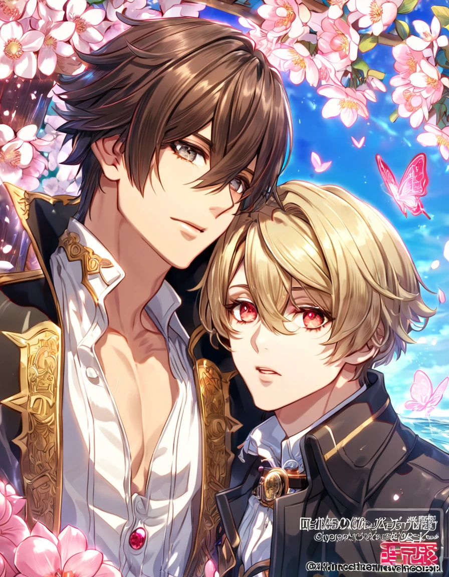 absurdres, highres, ultra detailed, HDR, master piece, best quality, extremely detailed face, delicated features, Julius Visconti, ash-blonde messy hair, short hair, hair that has bangs hanging on the left side, hair between the eyes, expressive gray eyes, God Eater 2, Vincent Rain, brown hair, expressive red eyes, two sexy men together, gay couple, yaoi, handsome, a black collar with gold buckle, black coat, with gold accents, white shirt, water, blossoms, pink flowers, pink butterflies, fantasy, magic, radiant