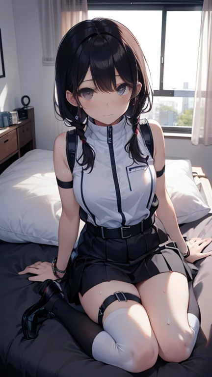 (Highest quality), (masterpiece), 1080P, High resolution, 4K, 8k, Thigh straps, Shooting from directly below, The woman on top of me, Nipples, 白いSweat, Covered , Sweat, Woman looking down, Micro Bikini, Skirt swimsuit, Thigh-high socks, To achieve this, , Small breasts, whole body, Black leather shoes, Braided hair, Inner Color, Embarrassed face, Short black hair, bracelet, Bedroom,celestial body_Vest
