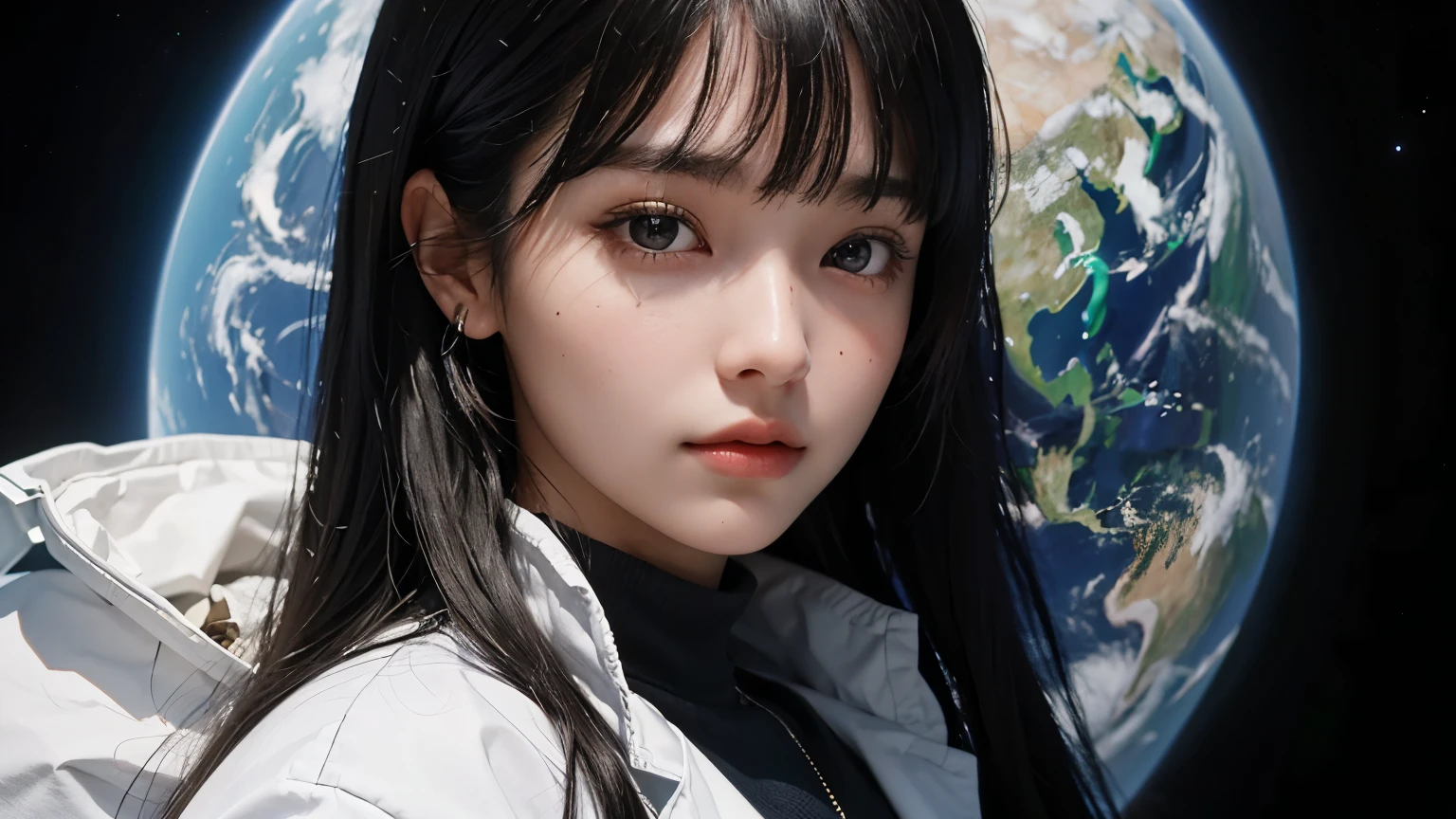 Upper body close-up image. A beautiful woman. Twenty years old. Black hair. Her bangs are down. She is wearing a researcher's lab coat. She is looking at the camera with serious eyes. Image of outer space and earth in space behind woman.