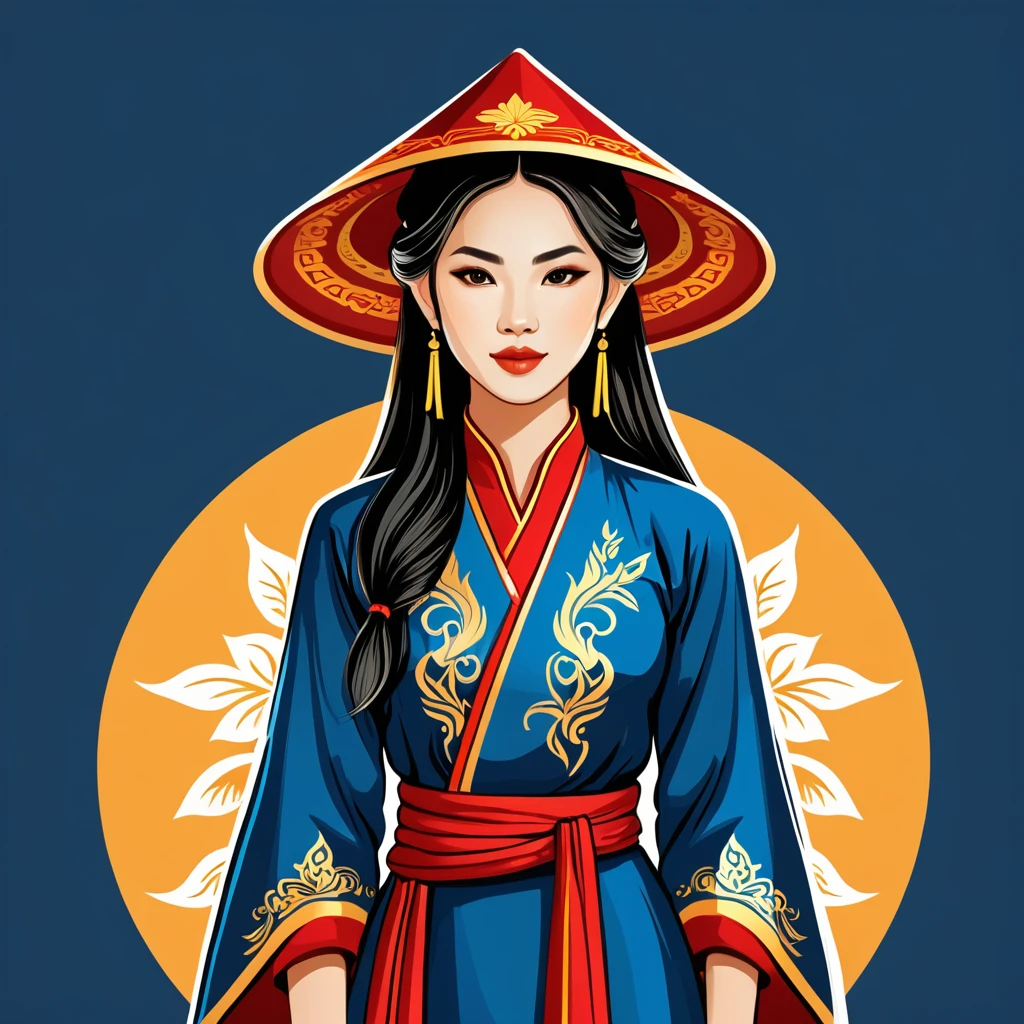female	mage	in vietnamese folk outfit	,vector graphics, strong contours, logo design																						