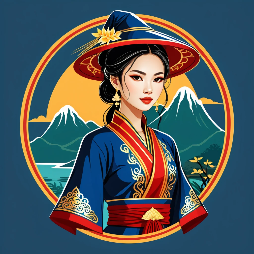 female mage in vietnamese folk outfit ,vector graphics, strong contours, logo design