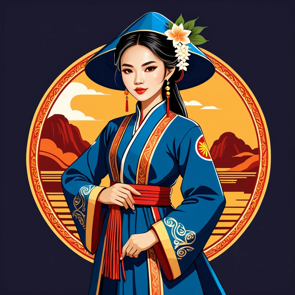 female mage in vietnamese folk outfit ,vector graphics, strong contours, logo design