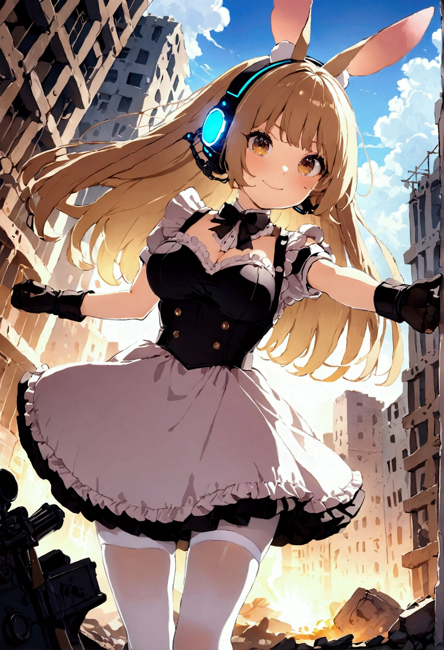 ((1girl)),  super fine illustration, vibrant colors, absurdres extremely detailed CG, 8k wallpaper, (masterpiece:1.3), dynamic angle, dynamic pose, 
best quality, depth of field, cinematic lighting, ultra detailed, brown long hair, very straight hair, large breast, white knit dress , 20yo, cute, very baby face, brown eyes, kawaii, tender smile, droopy eyes, combat, sci-fi rabbit ear mechanical headset,  padded combat glove, pink maid uniform, white thighhighs pantyhose, aiming rifle, modern military heavy machine gun:1.4, ruin city, Post-apocalypse