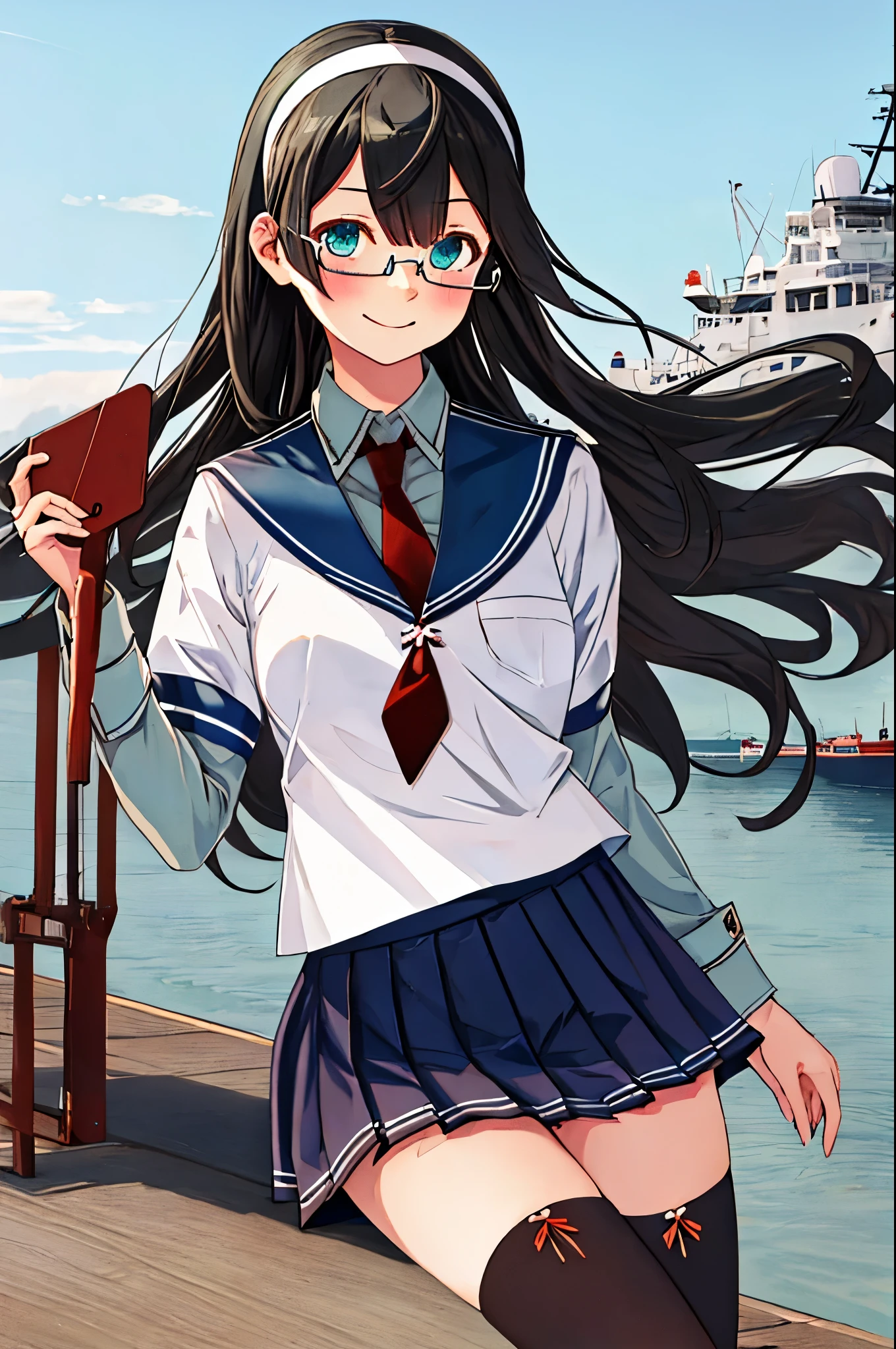 best quality, masterpiece, highres, solo, {ooyodo_kantaicollection:1.15}, black_hair, long_hair, glasses, hairband, semi-rimless_eyewear, under-rim_eyewear, blue_eyes, green_eyes, blush,small_breasts, 1girl, school_uniform, serafuku, pleats_skirt, looking_at_viewer, necktie, harbor_town_background, red_necktie,(angry:0.7),smile,,thigh-highs,,selfie