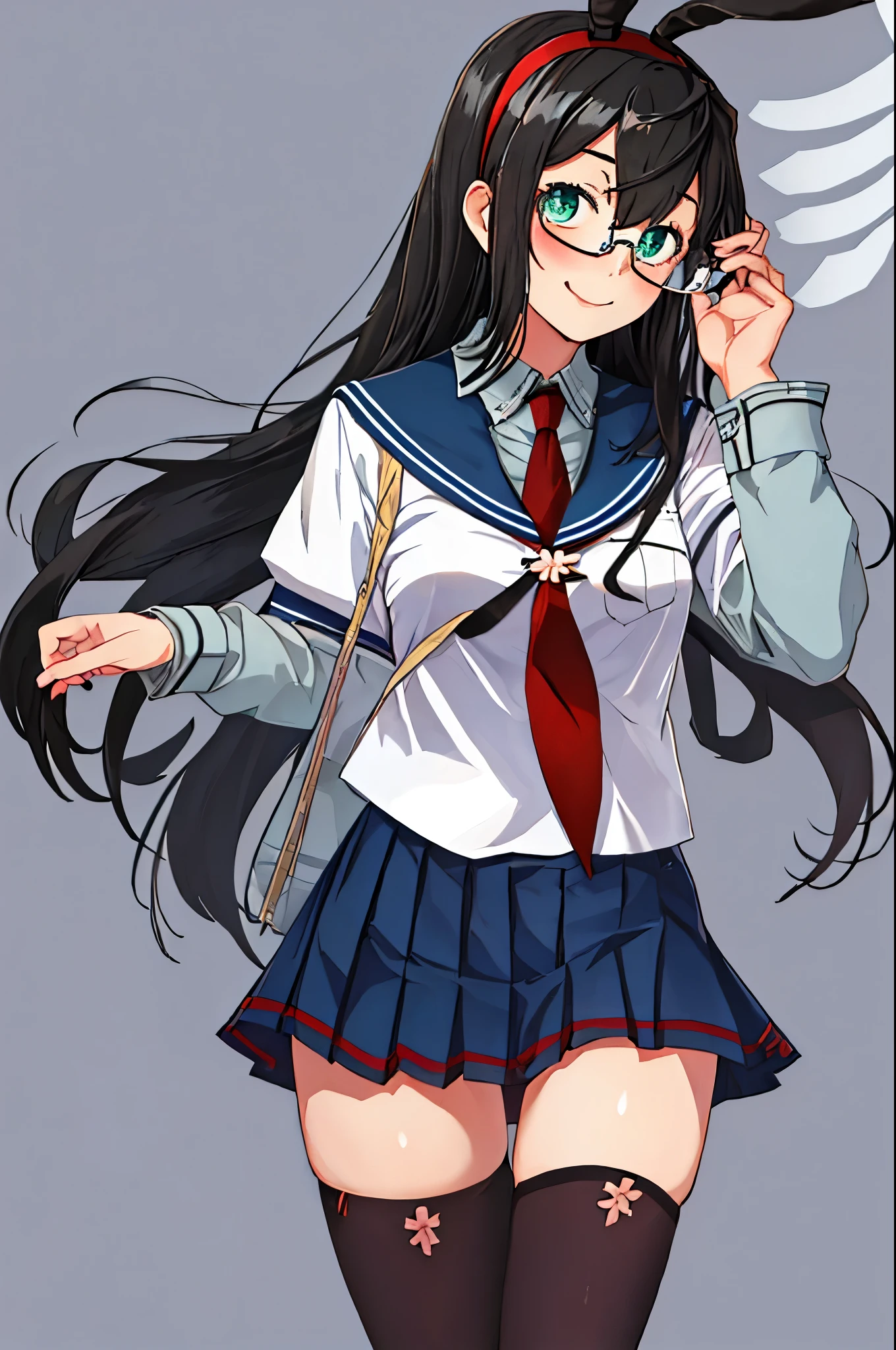 best quality, masterpiece, highres, solo, {ooyodo_kantaicollection:1.15}, black_hair, long_hair, glasses, hairband, semi-rimless_eyewear, under-rim_eyewear, blue_eyes, green_eyes, blush,small_breasts, 1girl, school_uniform, serafuku, pleats_skirt, looking_at_viewer, necktie, harbor_town_background, red_necktie,(angry:0.7),smile,,thigh-highs,,selfie