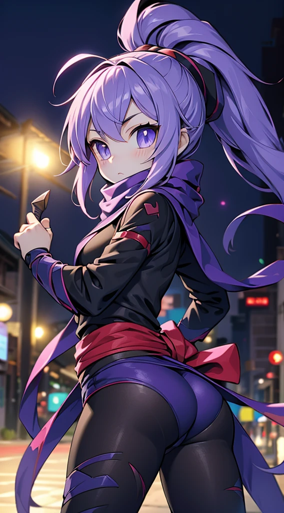Ninja Girl，Ninja clothing少女，scarf，scarf，Purple with black，Purple with black，Ninja clothing，Tights，Nightwear，Big Ass，Big butt，Thin waist，cute，Kunai，短knife，手持短knife，Bandage，腿部Bandage，arm，arm，Close-up above the waist，Stick your butt out，Big Ass，cute的屁股，scarf，knife，Holding a dagger
