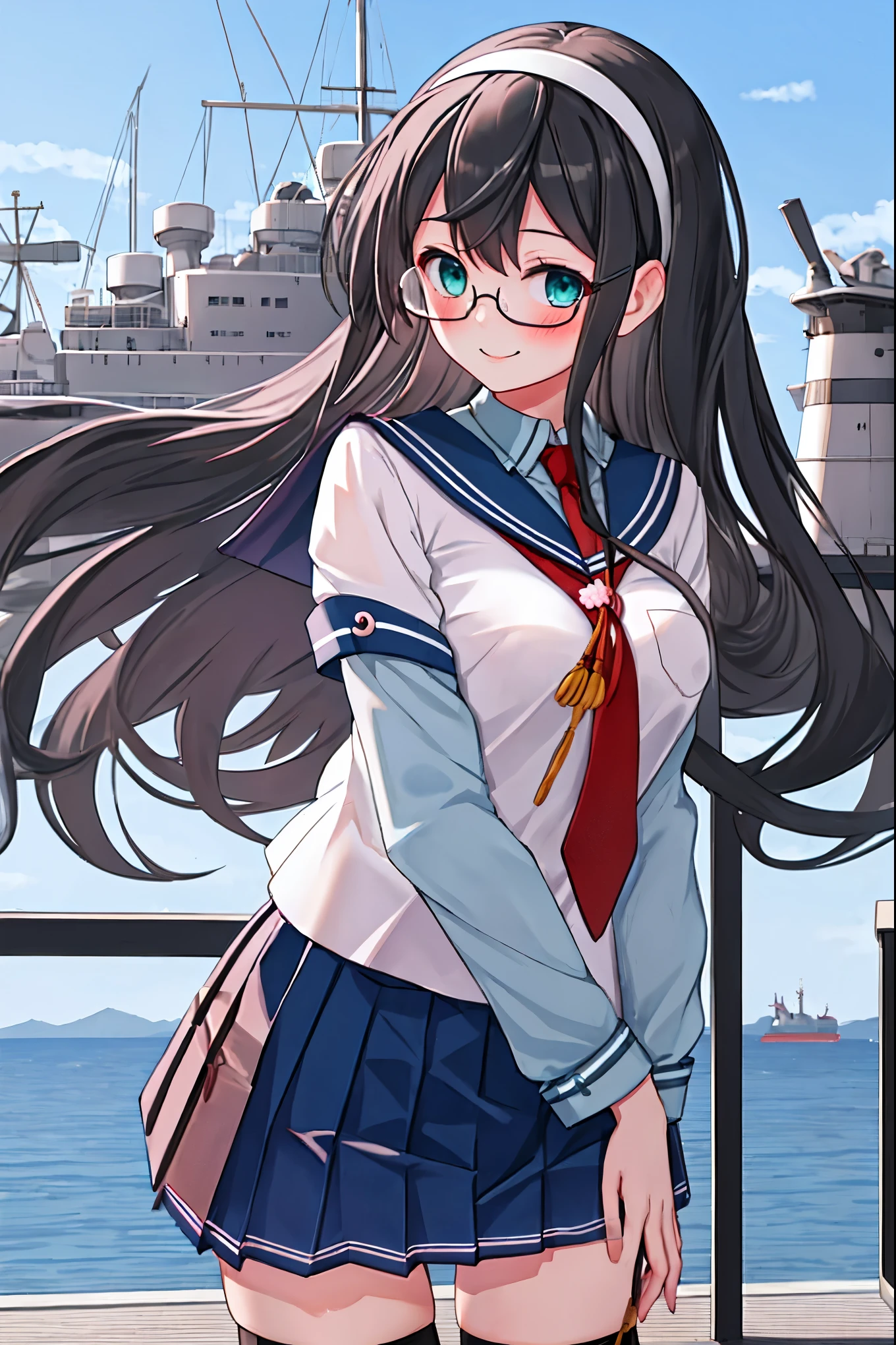 best quality, masterpiece, highres, solo, {ooyodo_kantaicollection:1.15}, black_hair, long_hair, glasses, hairband, semi-rimless_eyewear, under-rim_eyewear, blue_eyes, green_eyes, blush,small_breasts, 1girl, school_uniform, serafuku, pleats_skirt, looking_at_viewer, necktie, harbor_town_background, red_necktie,(angry:0.7),smile,,thigh-highs