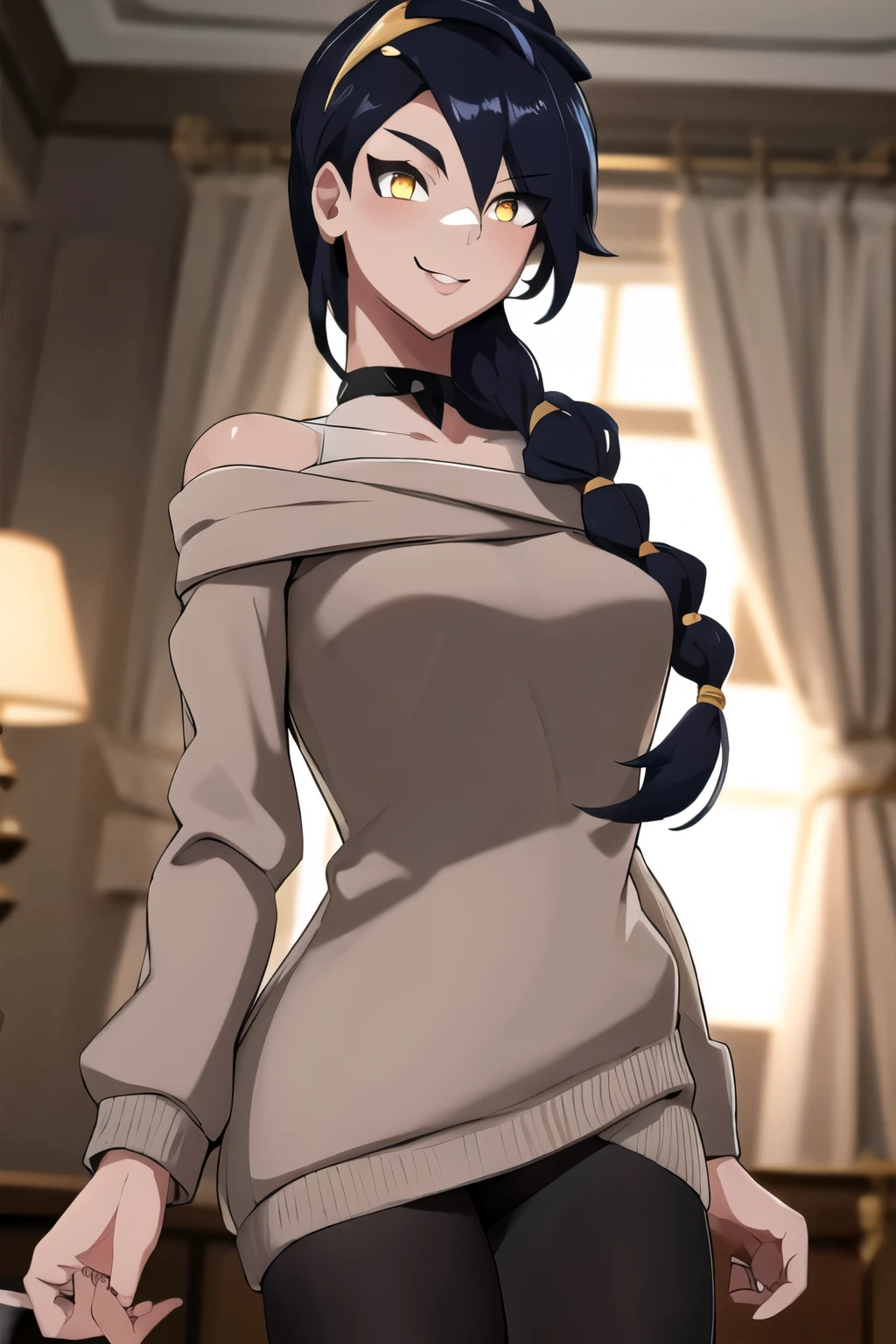 (masterpiece), (best quality), (beautiful eyes and face), (perfect female body), (shiny skin),
looking at viewer, cowboy shot,
1girl, solo, long braids, black spiked hair, long messy hair, glowing yellow eyes, cat woman,
Cute breasts,
white hairband, gold earrings, jewelry, sweater dress, red sweater, off shoulder, long sleeves, black pantyhose,
smile,
standing,
living room,