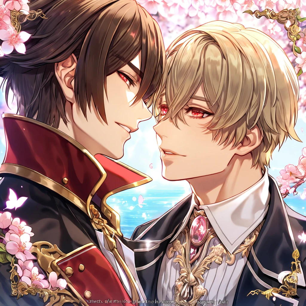 absurdres, highres, ultra detailed, HDR, master piece, best quality, extremely detailed face, delicated features, Julius Visconti, ash-blonde messy hair, short hair, hair that has bangs hanging on the left side, hair between the eyes, God Eater 2, Vincent Rain, brown hair, expressive red eyes, two sexy men together, gay couple, yaoi, handsome, a black collar with gold buckle, black coat, with gold accents, white shirt, water, blossoms, pink flowers, pink butterflies, fantasy, magic, radiant