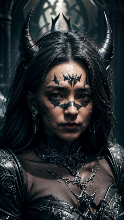 Hyper realistic cinema quality photography of a older Devil woman. the whole scene is supposed to be dark and involve black roses, face Tattoos, Pose frontally to the camera looking into the camera