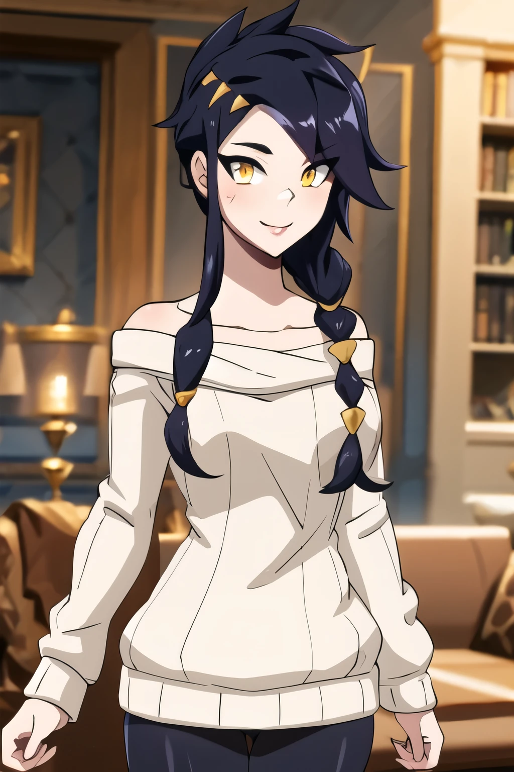 (masterpiece), (best quality), (beautiful eyes and face), (perfect female body), (shiny skin),
looking at viewer, cowboy shot,
1girl, solo, long braids, black spiked hair, long messy hair, glowing yellow eyes, cat woman,
Cute breasts,
white hairband, gold earrings, jewelry, sweater dress, red sweater, off shoulder, long sleeves, black pantyhose,
smile,
standing,
living room,