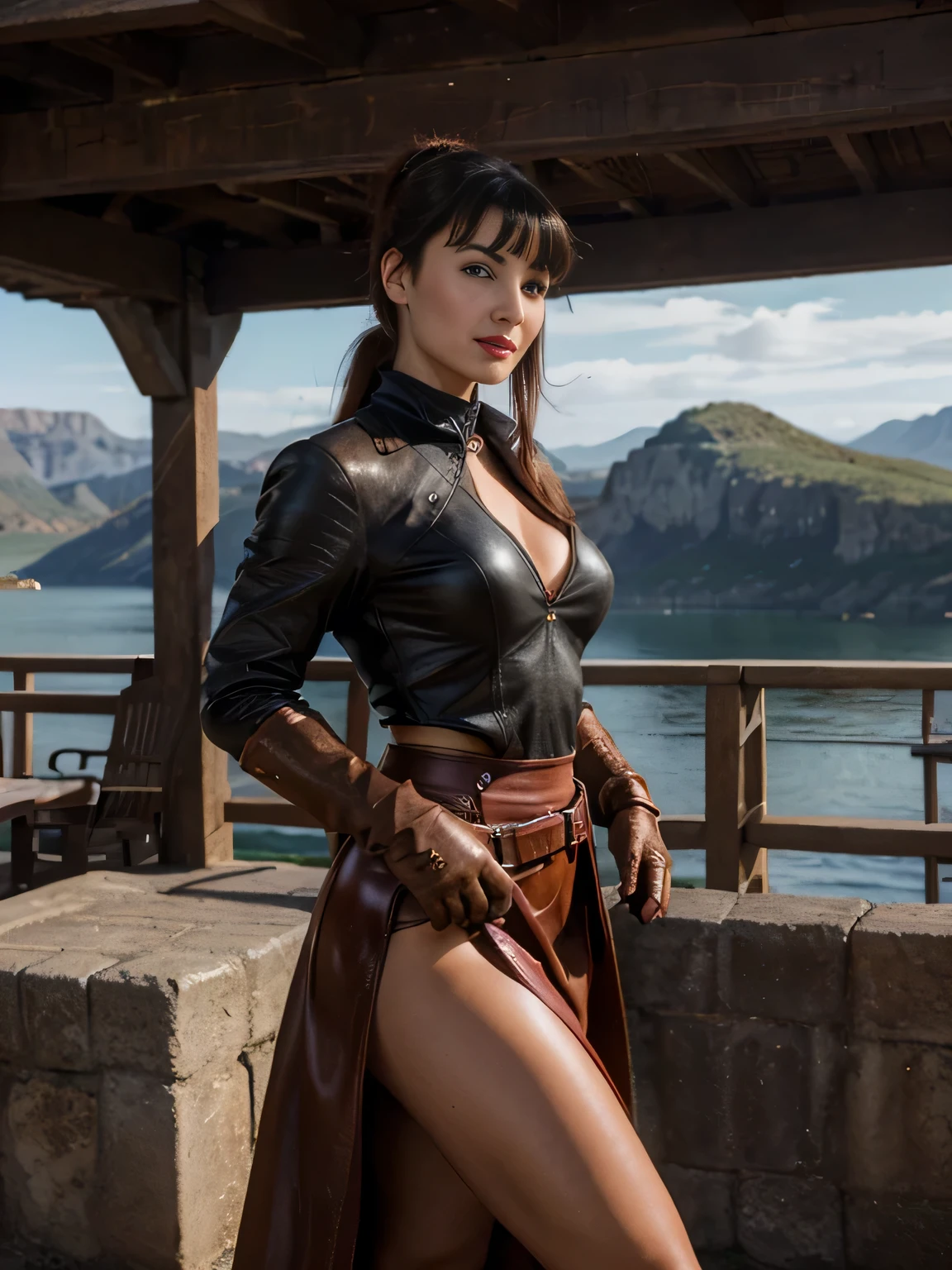 ((fantasy setting)), (old fashioned), (realistic), (facing camera), (year 1400), (western), 1 girl  smart smiling  Bettie Page , clear blue eyes, red lipstick,black ponytail hair, standing on pier, relaxed, 20 years old, leather armor, (( brown leather gloves)) Brown long maxi-skirt(black long maxi-skirt:1.2 , busy surroundings, brown coat, holding a sword in one hand, flirting with the camera, she's angry with someone,