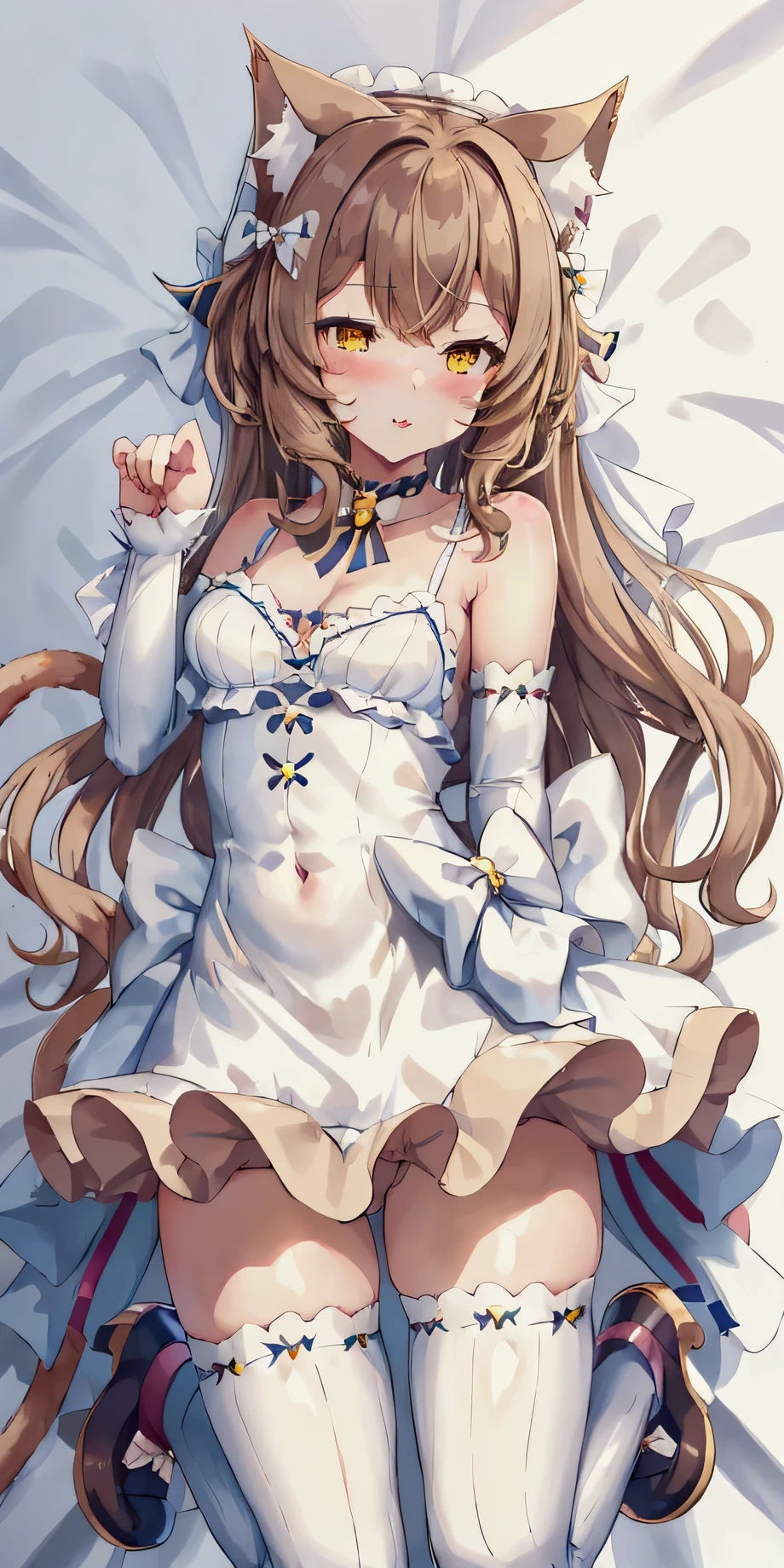 1 girl, dakimakura, standing, Felix Argyle face, sexy wedding dress, cat girl, light brown long hair, brown cat ears, brown cat tail, white high heel boots, Best quality, masterpiece,
