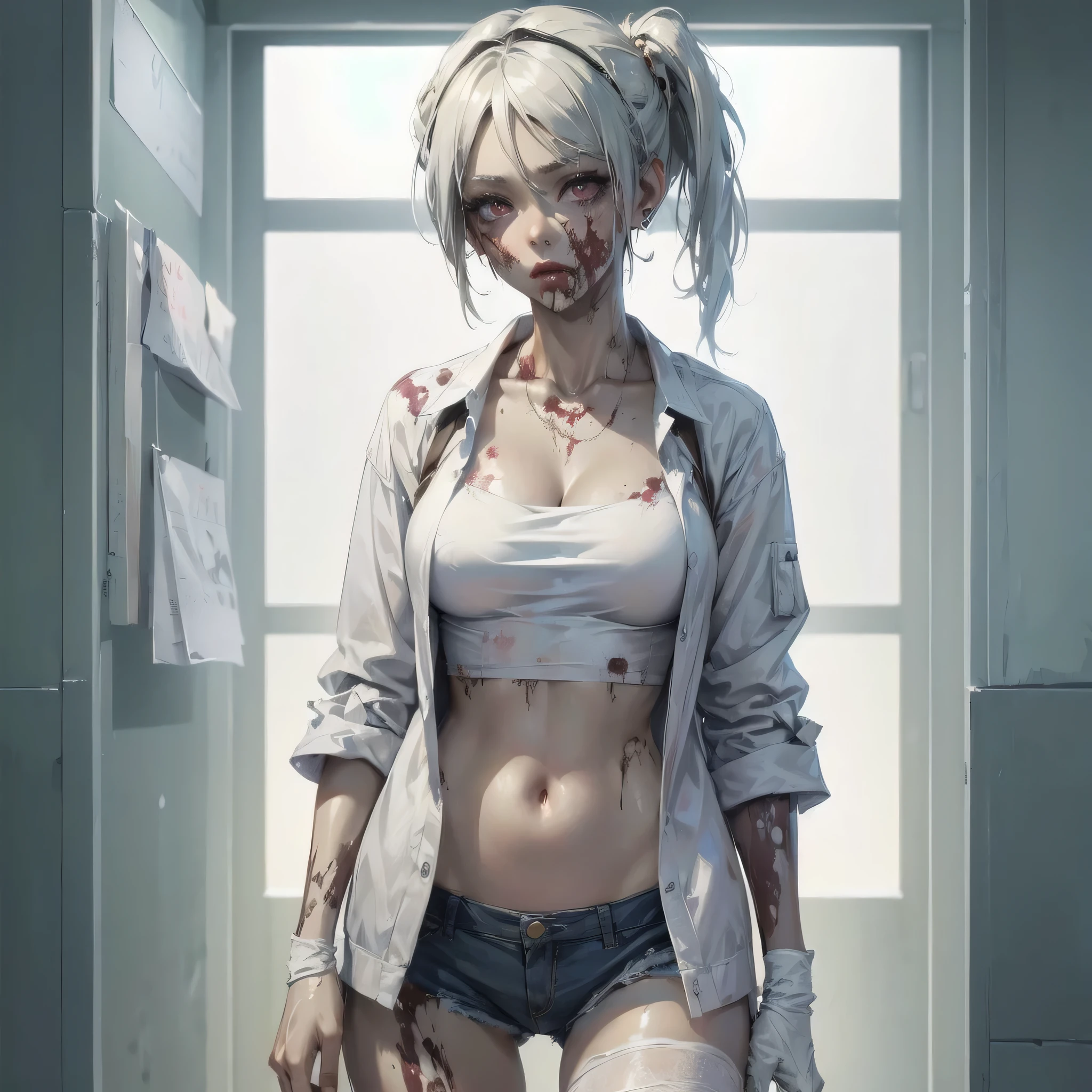 masterpiece, (textured skin), best quality, gorgeous beautiful, (a beautiful girl,zombie),detailed clothes,large breasts,narrow waist,, (beautiful face), cinematic lighting, (fantasy anime art ),