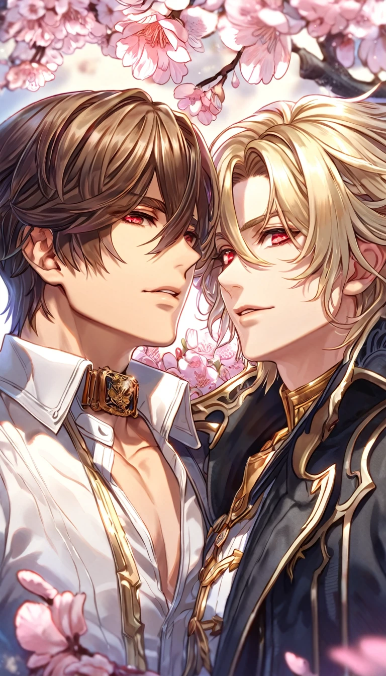 absurdres, highres, ultra detailed, HDR, master piece, best quality, extremely detailed face, delicated features, Julius Visconti, ash-blonde messy hair, short hair, hair that has bangs hanging on the left side, hair between the eyes, God Eater 2, Vincent Rain, brown hair, expressive red eyes, two sexy men together, gay couple, yaoi, handsome, a black collar with gold buckle, black coat, with gold accents, white shirt, water, blossoms, pink flowers, pink butterflies, fantasy, magic, radiant