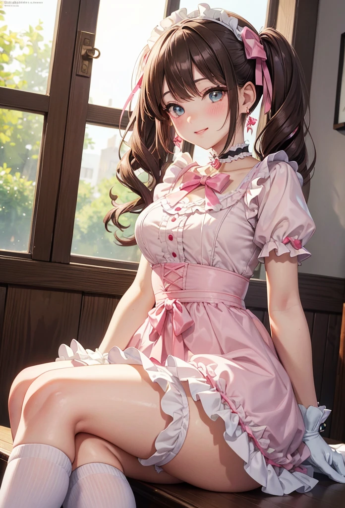 A beautiful lolita girl sitting showing her back, anime girl, in the room, home interior, pastel pink lolita dress, short sleeves, a pair of short socks, choker with a bow, short white gloves, lolita shoes fashion, dark brown hair, long wavy hair, two pigtails, swept bangs, hair ribbon, aqua eyes, bright eyes and pupils, pink lips, glossy lips, blush, earrings, big round breasts, thin waist, perfect arms, defined thighs, thin legs, looking back at viewer, flirty smile, masterpiece, high definition, natural light, high detail, anime, dithering, image fill, perspective, Wide-Angle, f/1.8, 85mm, Sony FE GM, 8k, 8k wallpaper, super detail, highly detailed CG, UHD, retina, masterpiece, accurate, anatomically correct, textured skin, highres, best quality:1.3, 16k