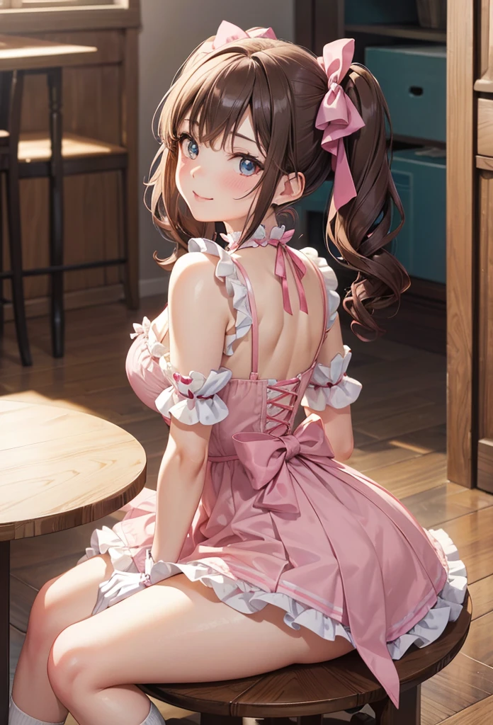 A beautiful lolita girl sitting showing her back, anime girl, in the room, home interior, pastel pink lolita dress, short sleeves, a pair of short socks, choker with a bow, short white gloves, lolita shoes fashion, dark brown hair, long wavy hair, two pigtails, swept bangs, hair ribbon, aqua eyes, bright eyes and pupils, pink lips, glossy lips, blush, earrings, big round breasts, thin waist, perfect arms, defined thighs, thin legs, looking back at viewer, flirty smile, masterpiece, high definition, natural light, high detail, anime, dithering, image fill, perspective, Wide-Angle, f/1.8, 85mm, Sony FE GM, 8k, 8k wallpaper, super detail, highly detailed CG, UHD, retina, masterpiece, accurate, anatomically correct, textured skin, highres, best quality:1.3, 16k