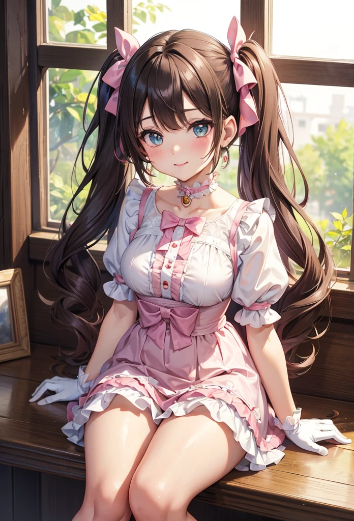 (Highest quality、masterpiece、8K、Best image quality、Hyperrealism、Award-winning works)、One  girl、(alone:1.1)、(1 photo:1.1)、(Cute and girly light pink ruffled open chest lolita:1.2)、Girly lace decoration、Cute frill decoration、Cute wavy hair、(Low length:1.1)、(height: 140cm:1.1)、(Big Breasts:age:1.3)、(Cute heaent:1.1)、Lots of cute frills、Big cute ribbon、Accentuate your body lines、Slender body、(Intricate lolita room background with lotastel colored furniture:1.1)、(Light blue and light pink lolita dream room:1.1)、(Lots of cute -colored furniture:1.2)、(Cute light blue chest:1.2)、(Cute light blue desk:1.2)、(Cute light pink dressing table:1.3)、(Lots of cute furniture, Perfectly organized:1.1)、(Cute girly curtains in pastel colors:1.1)、(very bright and vivid:1.1)、(Beautiful walls with cute decorations in pastel colors:1.1)、Blurred Background、Standing gracefully in the center of the room、(Accurate anatomy:1.1)、Perfect Makeup、Long eyelashes、Glossy Lips、Ultra HD glossy skin、(Ultra-high resolution, bright and beautiful skin:1.2)、超高精細のGlossy Lips、Ultra-high resolution beautiful teeth、(Voluptuous body:1.1)、Cute heart symbol、wide々Stylish Lolita Room、(Rose vase:1.1)、(Light pours ingh beautifully decorated windows.:1.1)