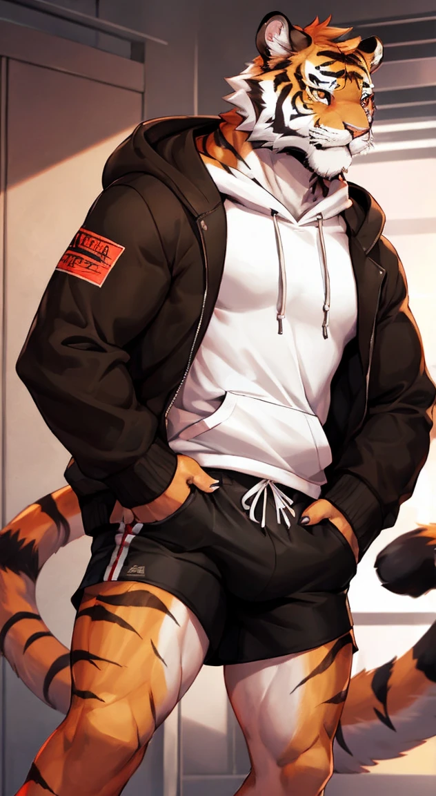 A fierce adult male tiger with a strong, tall physique, wearing a white hoodie, a loose brown jacket, and black shorts, with a red ribbon wrapped around his left hand.