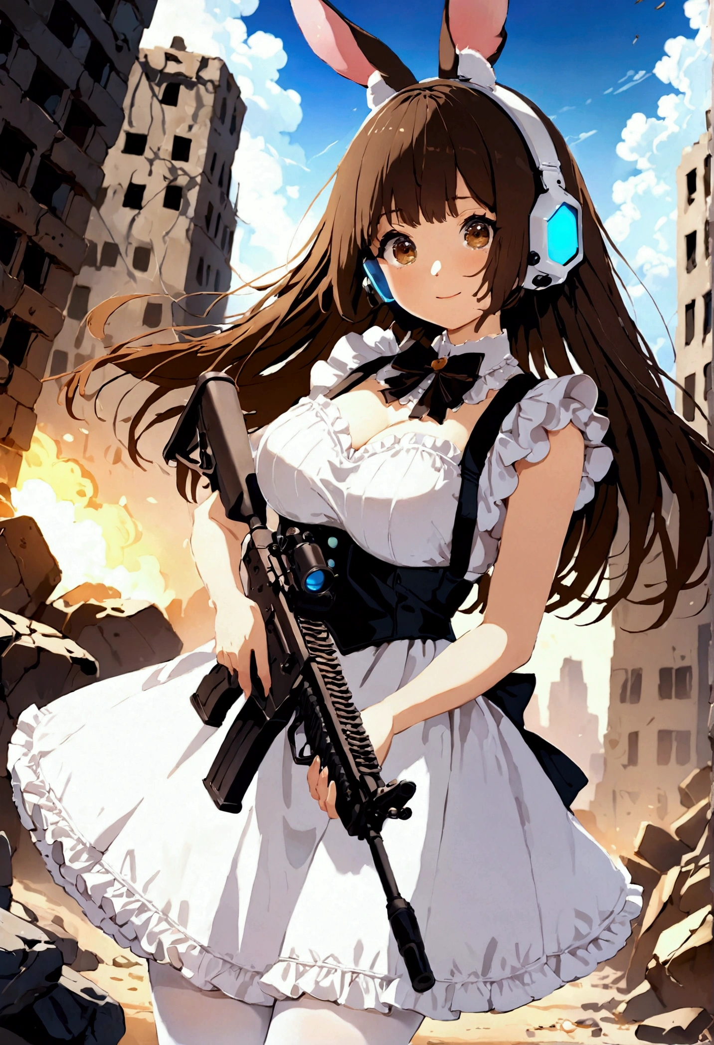 ((1girl)),  super fine illustration, vibrant colors, absurdres extremely detailed CG, 8k wallpaper, (masterpiece:1.3), dynamic angle, dynamic pose, 
best quality, depth of field, cinematic lighting, ultra detailed, ((dark brown long hair)), very straight hair, large breast, white knit dress , 20yo, cute, very baby face, brown eyes, kawaii, tender smile, droopy eyes, combat, sci-fi rabbit ear mechanical headset,  padded combat glove, pink maid uniform, white thighhighs pantyhose, aiming rifle, modern military heavy machine gun:1.4, ruin city, Post-apocalypse